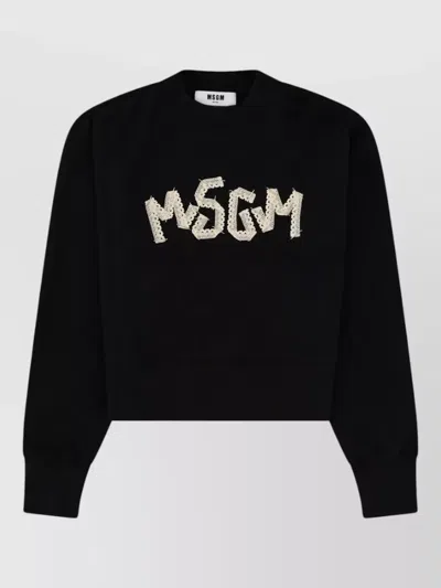 Msgm Cropped Textured Logo Cotton Sweatshirt In Black
