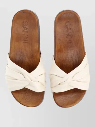 Ganni Studded Flat Slides Twisted Strap Design In White