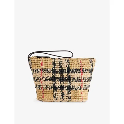 Burberry Margate Leather-trimmed Woven Raffia Clutch Bag In Brown