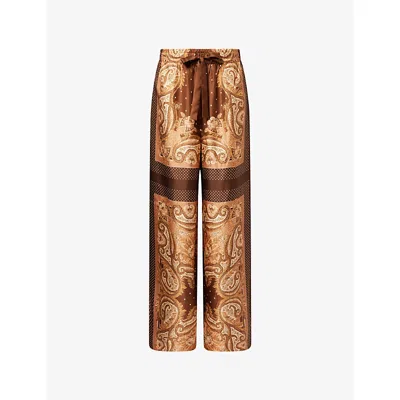 Zimmermann Womens Caramel Paisley Luna Wide-leg Silk Trousers Xl In Brown