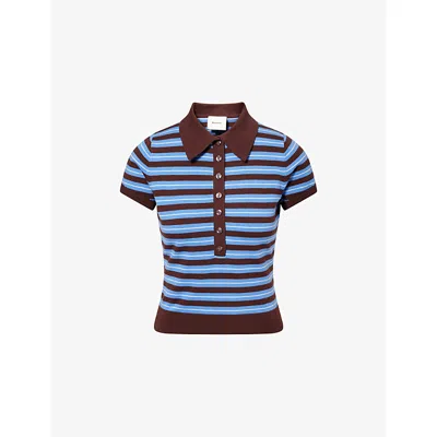 Reformation Womens Mahogany Bentley Striped Cotton-blend Polo-top In Brown