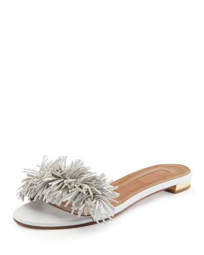 Aquazzura 'wild Thing' Fringe Suede Slide Sandals In White