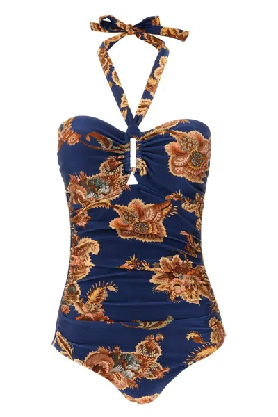 Zimmermann Aster Printed Halterneck Stretch-polyamide Swimsuit In Blue