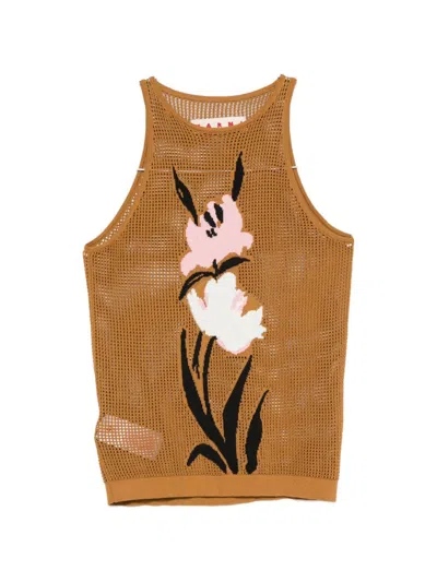 Marni Mesh Knit Top Floral Pattern In Brown