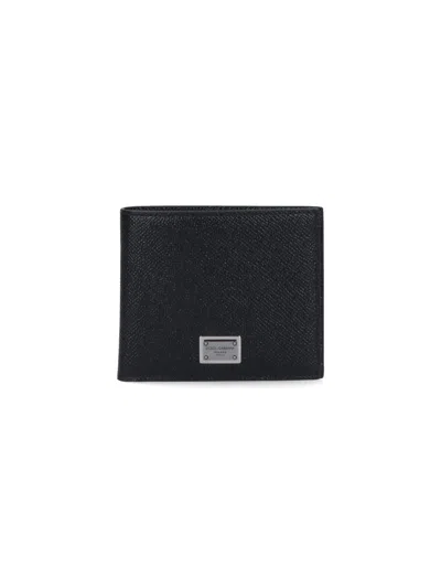 Dolce & Gabbana Black Dauphine Leather Wallet With Logo Plaque In Black