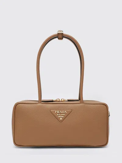 Prada Leather Shoulder Bag Double Handles Rectangular In Brown