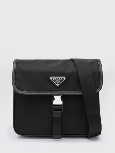 Prada Fabric Leather Shoulder Bag Adjustable Strap Front Flap In Black