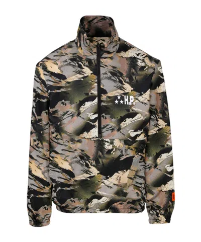 Heron Preston Camouflage Windbreaker With Stand Collar In Brown