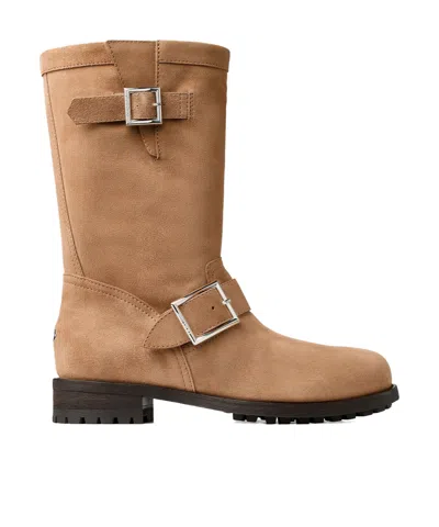 Jimmy Choo Biker Buckled Suede Ankle Boots In Brown
