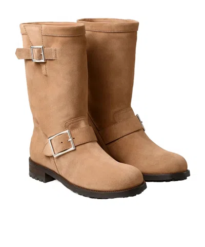 Jimmy Choo Biker Buckled Suede Ankle Boots In Brown