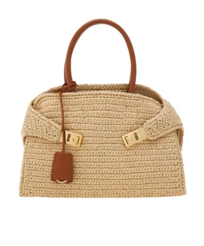 Ferragamo Medium Raffia Hug Handbag In Nude