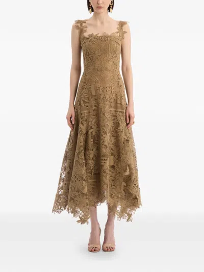 Oscar De La Renta Dominican Republic Toile Guipure Lace Cocktail Dress In Brown
