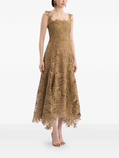 Oscar De La Renta Dominican Republic Toile Guipure Lace Cocktail Dress In Brown