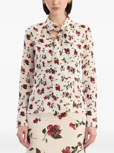 Oscar De La Renta Hibiscus-print Silk Neck-scarf Blouse In Multi