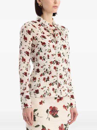 Oscar De La Renta Hibiscus-print Silk Neck-scarf Blouse In Multi