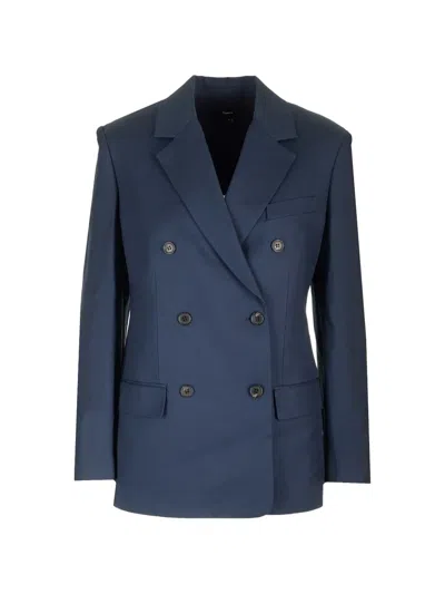 Theory Double-breasted Blazer In Viscose Twill In Nocturne Navy