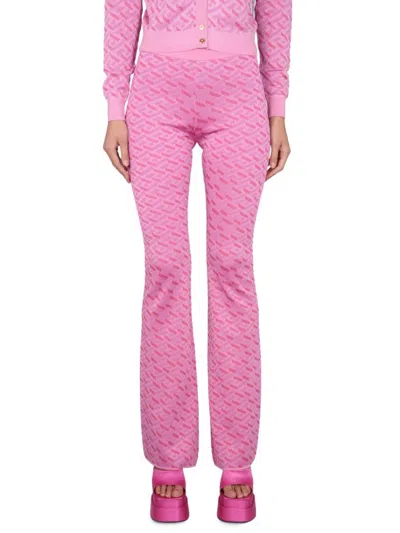 Versace La Greca Pattern High-rise Flared Pants In Pink