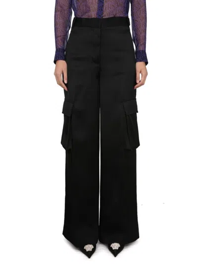 Versace Black Cargo Pants Satn Effect With Cargo Pockets In Viscose Woman In Black