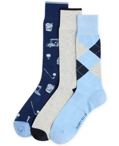 Perry Ellis Portfolio Men's Patterned Golf Socks, 3-pack In Blue