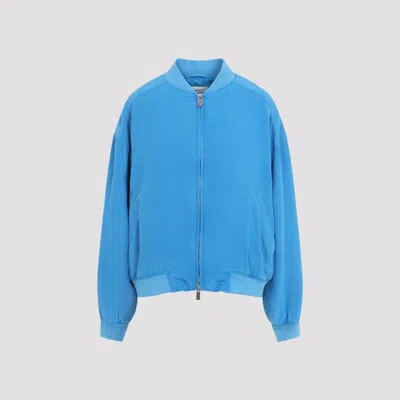 Versace Relaxed Fit Silk Jacket With Embroidered Logo And Zipper Closure In Blue