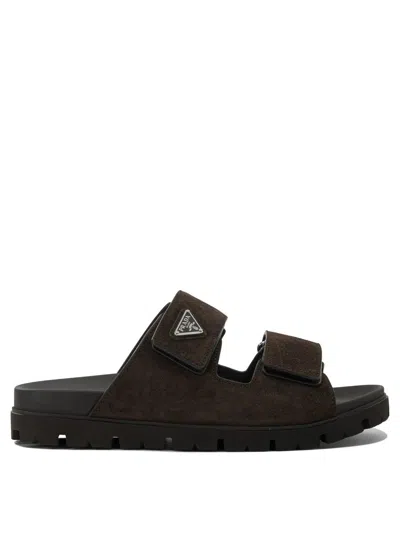 Prada Double Strap Open Toe Leather Sandals In Brown