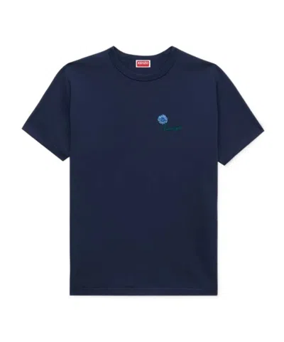 Kenzo Tulip Embroidered Cotton T-shirt In Blue