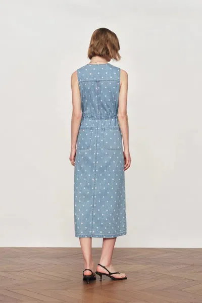 Fabrique June Faded Polka-dot Drawstring Waist Sleeveless Dress In Lightweight Cotton Denim In Blue