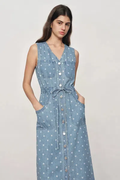 Fabrique June Faded Polka-dot Drawstring Waist Sleeveless Dress In Lightweight Cotton Denim In Blue