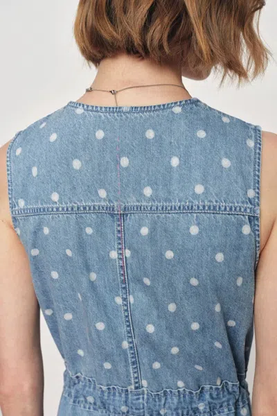 Fabrique June Faded Polka-dot Drawstring Waist Sleeveless Dress In Lightweight Cotton Denim In Blue