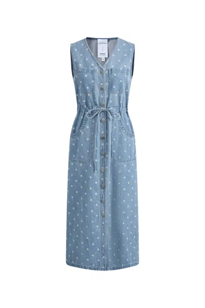 Fabrique June Faded Polka-dot Drawstring Waist Sleeveless Dress In Lightweight Cotton Denim In Blue