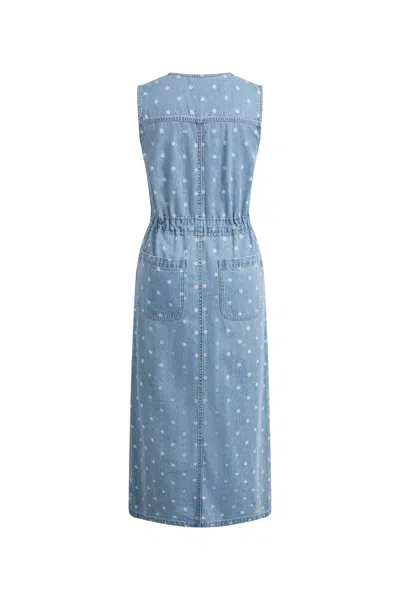 Fabrique June Faded Polka-dot Drawstring Waist Sleeveless Dress In Lightweight Cotton Denim In Blue