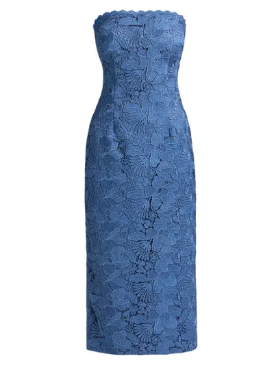Ramy Brook Tessa Metallic Floral Strapless Lace Sheath Cocktail Dress In Blue