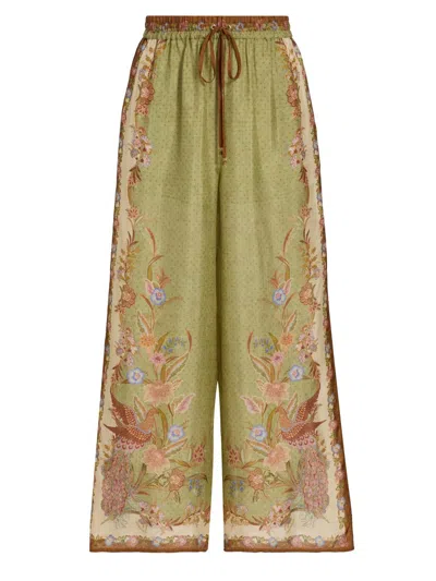 Zimmermann Womens Khaki Scarf Floral Indra Wide-leg Silk Trousers In Green