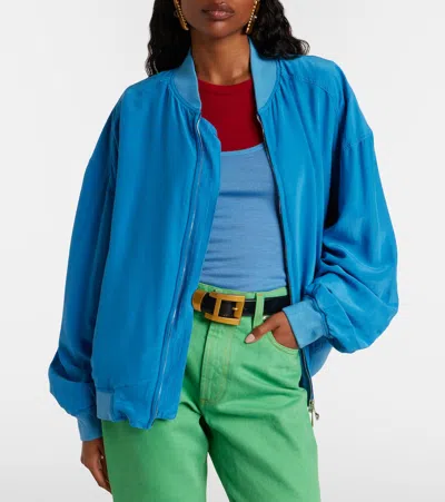 Versace Relaxed Fit Silk Jacket With Embroidered Logo And Zipper Closure In Blue