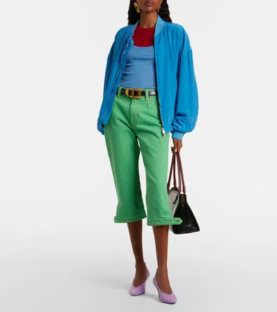 Versace Relaxed Fit Silk Jacket With Embroidered Logo And Zipper Closure In Blue
