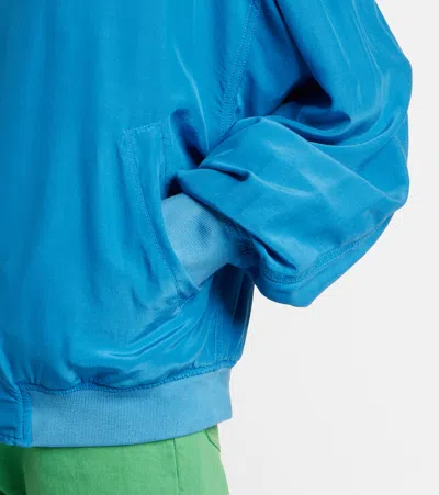 Versace Relaxed Fit Silk Jacket With Embroidered Logo And Zipper Closure In Blue