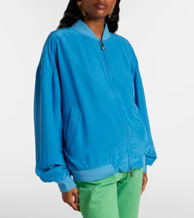 Versace Relaxed Fit Silk Jacket With Embroidered Logo And Zipper Closure In Blue