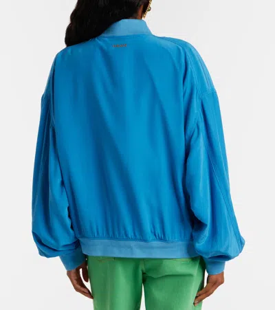 Versace Relaxed Fit Silk Jacket With Embroidered Logo And Zipper Closure In Blue