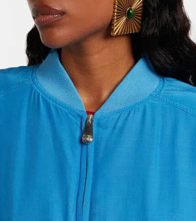 Versace Relaxed Fit Silk Jacket With Embroidered Logo And Zipper Closure In Blue