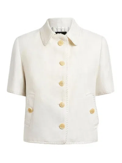 Etro Short-sleeved Cropped Linen Jacket With Pegaso Buttons In White