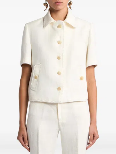 Etro Short-sleeved Cropped Linen Jacket With Pegaso Buttons In White