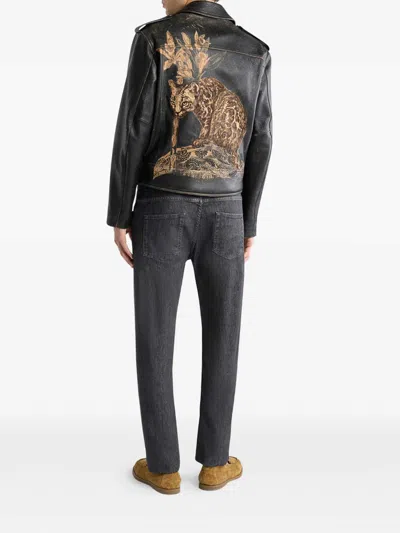 Etro Leather Biker Jacket With Placed Leopard Print In Black