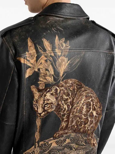 Etro Leather Biker Jacket With Placed Leopard Print In Black