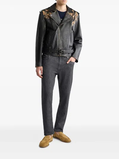 Etro Leather Biker Jacket With Placed Leopard Print In Black