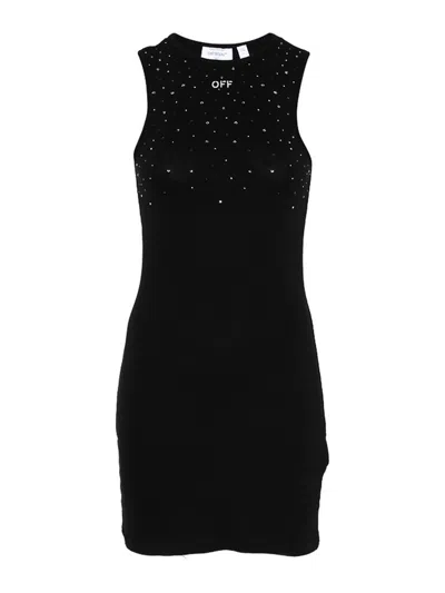 Off-white Ribbed Swarovski Crystal Slim Mini Dress In Black