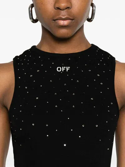 Off-white Ribbed Swarovski Crystal Slim Mini Dress In Black