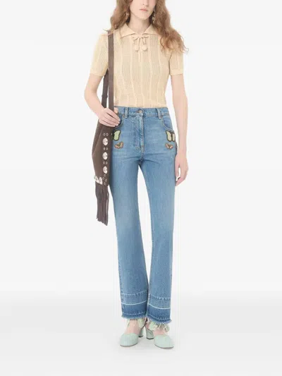 Valentino Embroidered Cotton Knit Polo Woman Ivory Xs In Brown