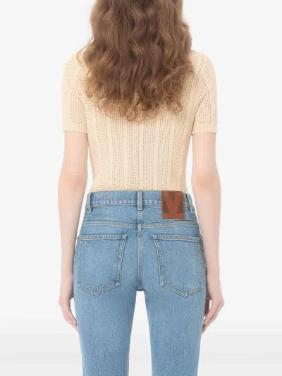 Valentino Embroidered Cotton Knit Polo Woman Ivory Xs In Brown