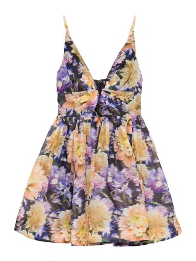 Zimmermann Luna Gathered Floral-print Linen And Silk-blend Mini Dress In Blue