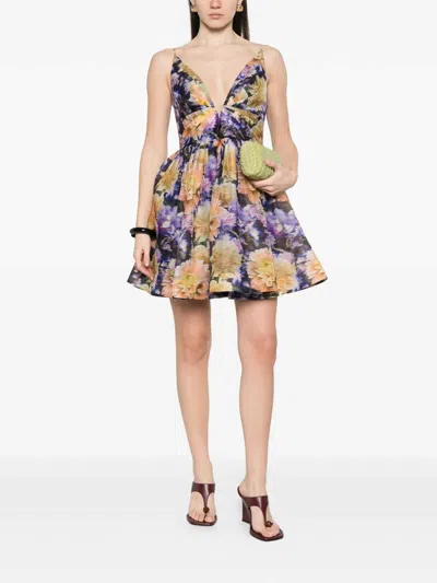 Zimmermann Luna Gathered Floral-print Linen And Silk-blend Mini Dress In Blue